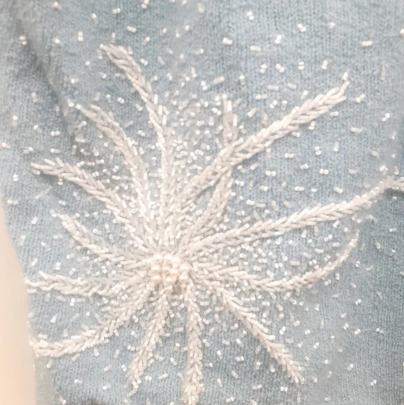 Vintage 1950's/60's BLUE WOOL KNIT Pearl Beaded Sweater Blouse Top - Picture 6 of 10